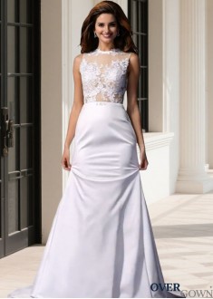 Empire Waist Zipper Back Applique Beach Wedding Dress in Satin - Trumpet Mermaid Chapel Train