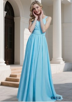 Long Chiffon A Line Bridesmaid Dress with V-Neck Sleeveless Design