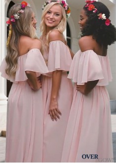 Off The Shoulder Pink Chiffon Bridesmaid Dresses for Wedding