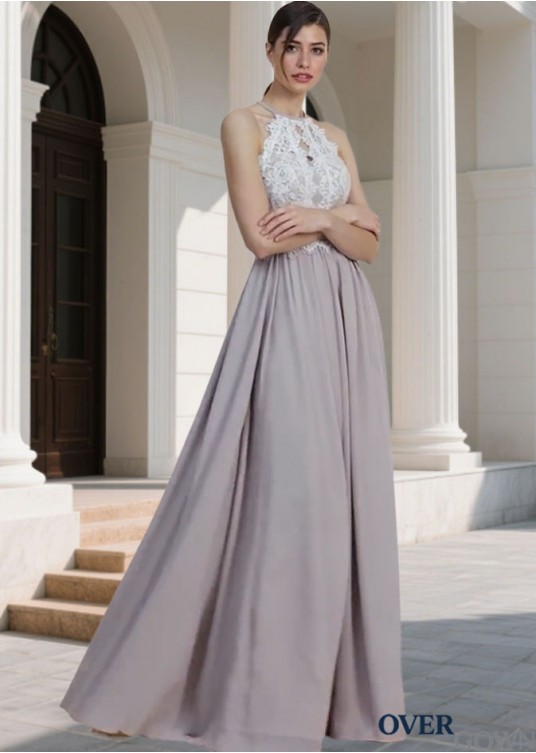 Elegant Halter Neck Lace Chiffon Bridesmaid Dress – Sleeveless A-Line Floor Length Gown Elegant Halter Neck Lace Chiffon Bridesmaid Dress – Sleeveless A-Line Floor Length Gown