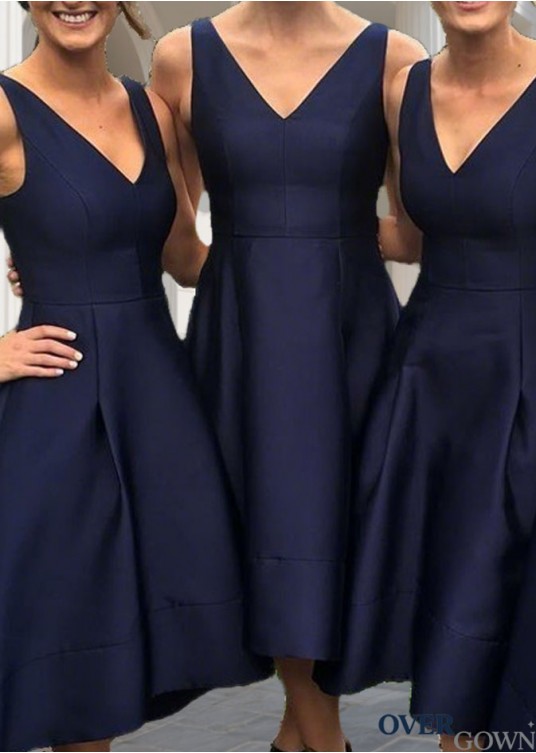 Sleeveless V-Neck Satin Tea-Length A-Line Bridesmaid Dress Sleeveless V-Neck Satin Tea-Length A-Line Bridesmaid Dress