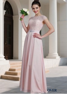 Elegant Bateau Neck Chiffon Bridesmaid Dresses with Lace for Wedding