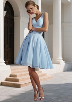 Chiffon V-Neck Knee Length Bridesmaid Dress with Pleated Embellishment 