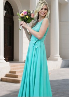 Scoop Neck Chiffon Bridesmaid Dresses with Lace Appliques and Sash Scoop Neck Chiffon Bridesmaid Dresses with Lace Appliques and Sash