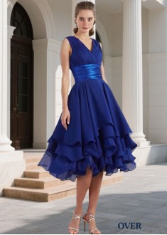 Chiffon V Neck Tea Length Bridesmaid Dresses with Pleats