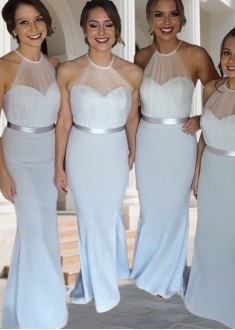 Elegant Blue Chiffon Halter Neck Bridesmaid Dress with Belt – Floor Length Gown