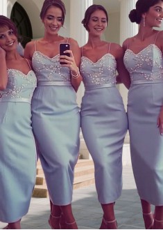 Elegant Satin Spaghetti Strap Bridesmaid Dress – Sheath Knee Length Wedding Party Dress