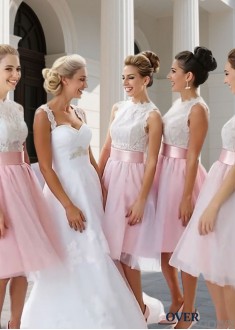 Lace Tulle Knee-Length Bridesmaid Dress – Jewel Neck Wedding Party Gown