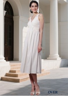 Tea-Length V Neck Bridesmaid Dress with Beading and Applique