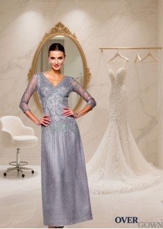 Elastic Satin V-Neck Ankle Length Dress With Sleeves — Evening Gown