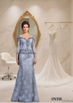 Lace Beaded Trumpet Mermaid Mother of the Bride Dress with Bateau Neck and 3/4 Sleeves