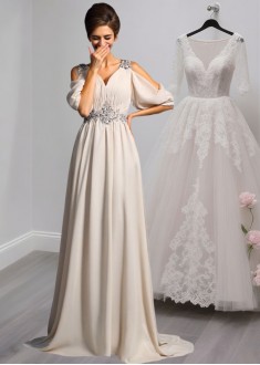 Elegant V-Neck Chiffon Mother of the Bride Dress with Beading and Court Train