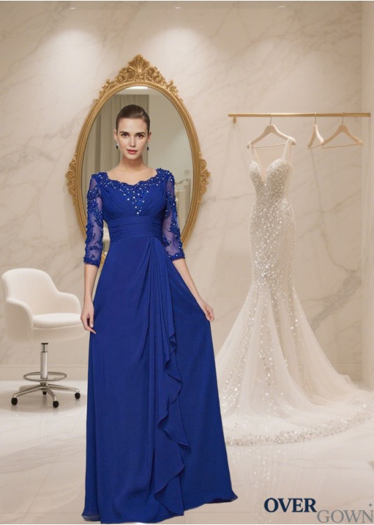 Floor-Length Scoop Neck Chiffon Mother of the Bride Dress with Lace and 3/4 Sleeves Floor-Length Scoop Neck Chiffon Mother of the Bride Dress with Lace and 3/4 Sleeves