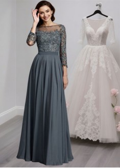 Bateau Neck Chiffon A-Line Mother of the Bride Dress with 3/4 Sleeves