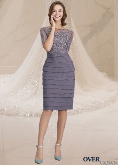 Mother of the Bride Dress with Ruffles and Half Sleeves Knee Length