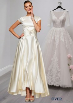 Beaded Satin Scoop Neck A-Line Mother of the Bride Dress with Short Sleeves