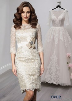 Scoop Neck Lace Short Mother of the Bride Dress with 3/4 Sleeves Scoop Neck Lace Short Mother of the Bride Dress with 3/4 Sleeves