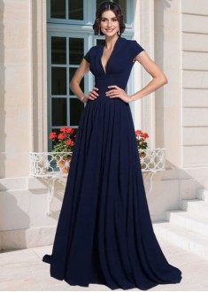 Chiffon V-Neck Applique Mother of the Bride Dress – Floor Length A-Line with Short Sleeves