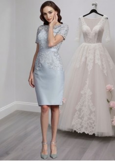 Satin Knee-Length Mother of the Bride Dress with Short Sleeves