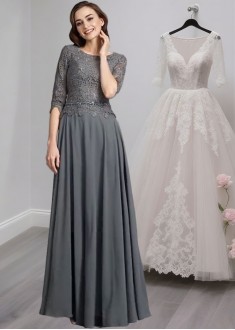 Chiffon Scoop Neck A-Line Mother of the Bride Dress with Half Sleeves