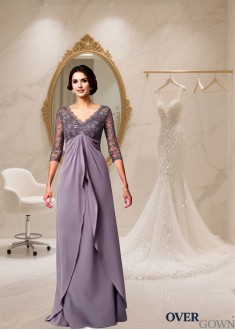 Lace V-Neck Chiffon Floor-Length Mother of the Bride Dress with 3/4 Sleeves