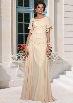 Elegant Chiffon Mother of the Bride Dress – Square Neck Beaded A-Line Gown with Short Sleeves