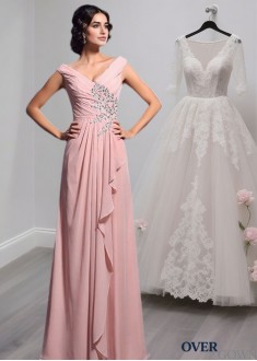 Pink Chiffon V-Neck Sleeveless Mother of the Bride Dress with Beading