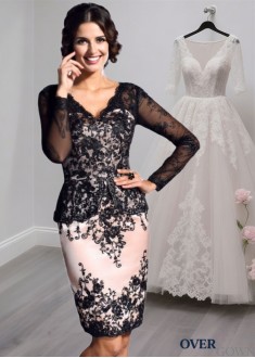 Lace V-Neck Short Mother of the Bride Dress – Long Sleeve Sheath Gowns
