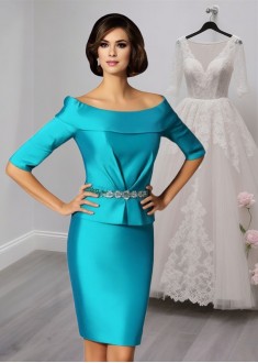 Off The Shoulder Taffeta Knee-Length Mother of the Bride Dress with Half Sleeves