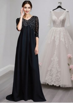 V-Neck Mother of the Bride Dress with Half Sleeves – Empire Waist A-Line Gown