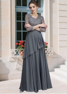 Elegant Chiffon V-Neck A-Line Mother of the Bride Dress with Ruffles and 3/4 Sleeves – Floor Length