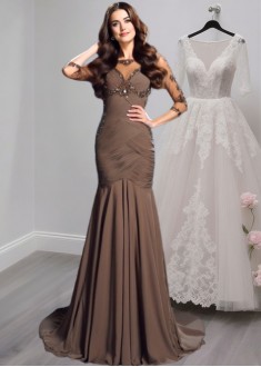 Chiffon Mother of the Bride Dress – Sheath Gown with 3/4 Sleeves and Court Train
