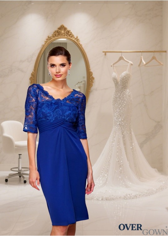 V Neck Chiffon 1/2 Sleeve Mother of the Bride Dress with Lace Embellishment V Neck Chiffon 1/2 Sleeve Mother of the Bride Dress with Lace Embellishment