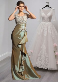 Taffeta Short Sleeve Mother of the Bride Formal Dress with Applique and Beading