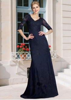 Elegant Satin Mother of the Bride Dress – V-Neck Sheath Gown with 1/2 Sleeves & Applique, Floor-Length