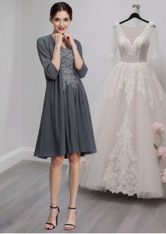 V-Neck Knee Length A-Line Mother of the Bride Dress with Applique