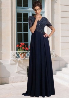 V-Neck Chiffon Mother of the Bride Dresses with Short Sleeves