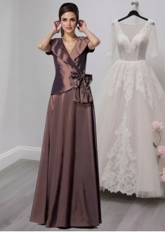 Taffeta V-Neck Bride Mother Dresses – Floor Length Gowns With Bowknot