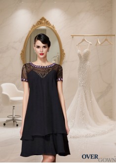 Short Chiffon A-Line Mother of the Bride Dress with Scoop Neck and Beading