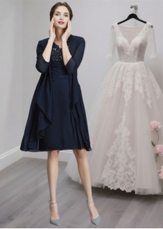 V Neck Knee Length Chiffon Mother of the Bride Dress with Beading