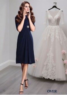Knee Length Chiffon Mother of the Bride Dress with Lace and Jewel Neckline