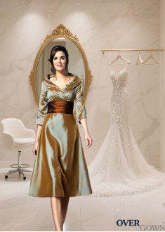 Taffeta V-Neck Tea-Length Mother of the Bride Dress with 3/4 Sleeves Formal Gown