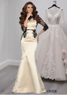 Satin Bateau Neck Mermaid Mother of the Bride Formal Dress with Lace and Sweep Train