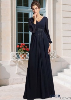 V-Neck Mother of the Bride Dress with Beading - Long Sleeve A Line Gown