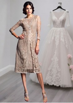 Scoop Neck Taffeta Mother of the Bride Dress – Lace Sheath Knee-Length Gown