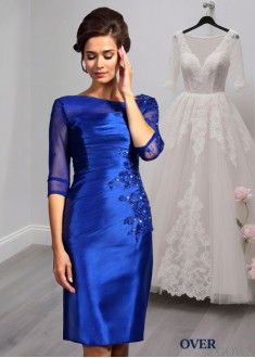 Elegant 1/2 Sleeve Elastic Satin Knee-Length Mother of the Bride Dress with Beading