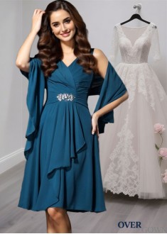 Sleeveless V-Neck Knee Length Mother of the Bride Dress with Beading