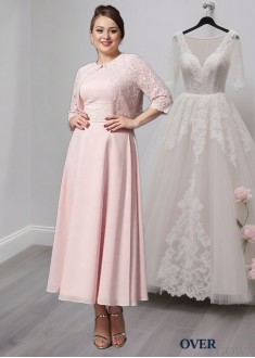 Pink Chiffon Mother of the Bride Dress – Ankle Length A-Line Gown With Lace Sleeves