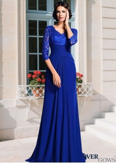 V-Neck Chiffon A-Line/Princess Mother of the Bride Gown 3/4 Sleeve Sweep Train