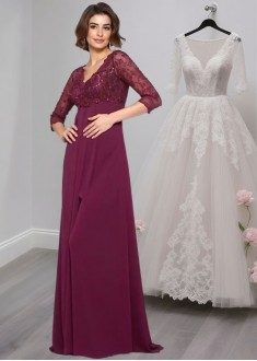 Elegant V-Neck Chiffon Mother of the Bride Dress with Beading and 3/4 Sleeves